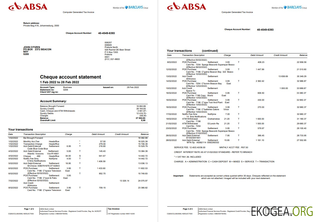 Relevé bancaire Absa Royaume Uni, modèle Word et PDF, 2 pages